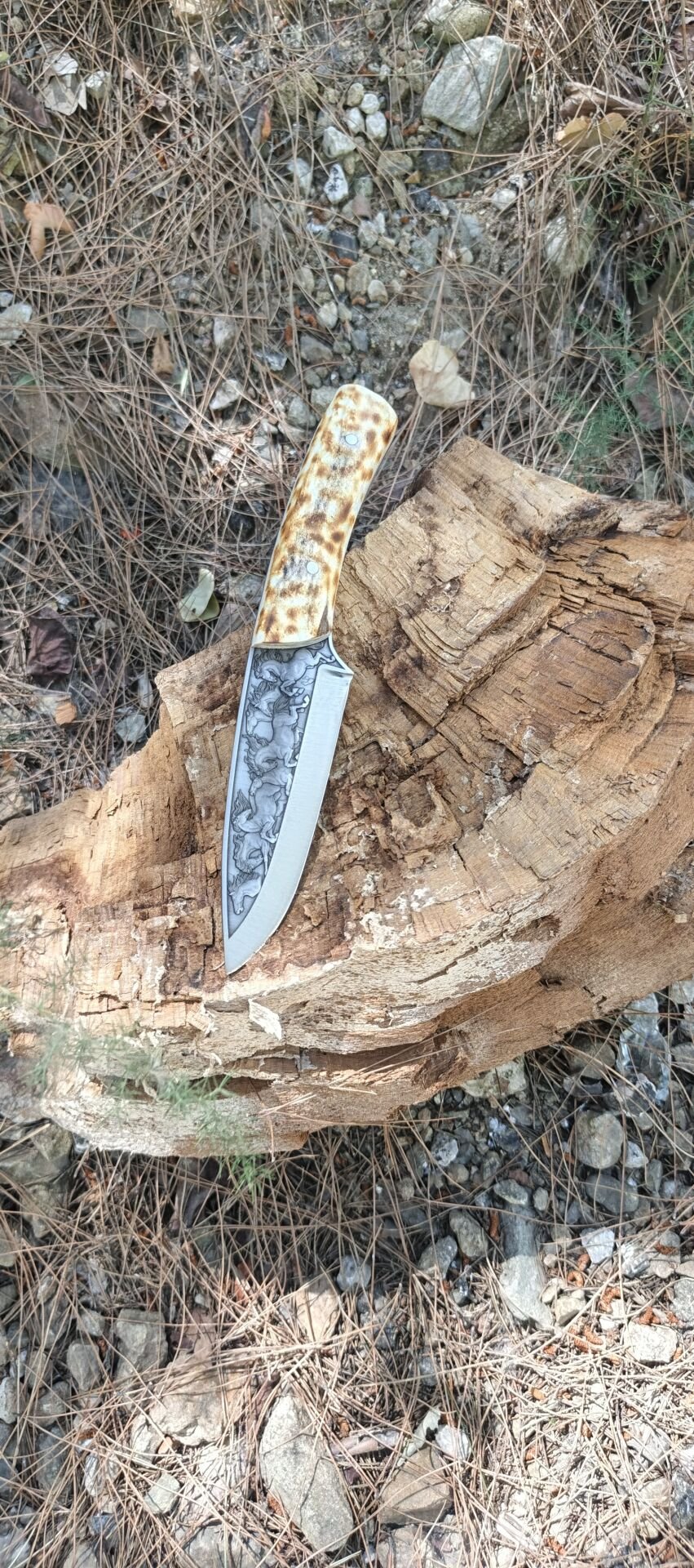 Geyik boynuzu kabza At gravur işlemeli güzel bir Avcı