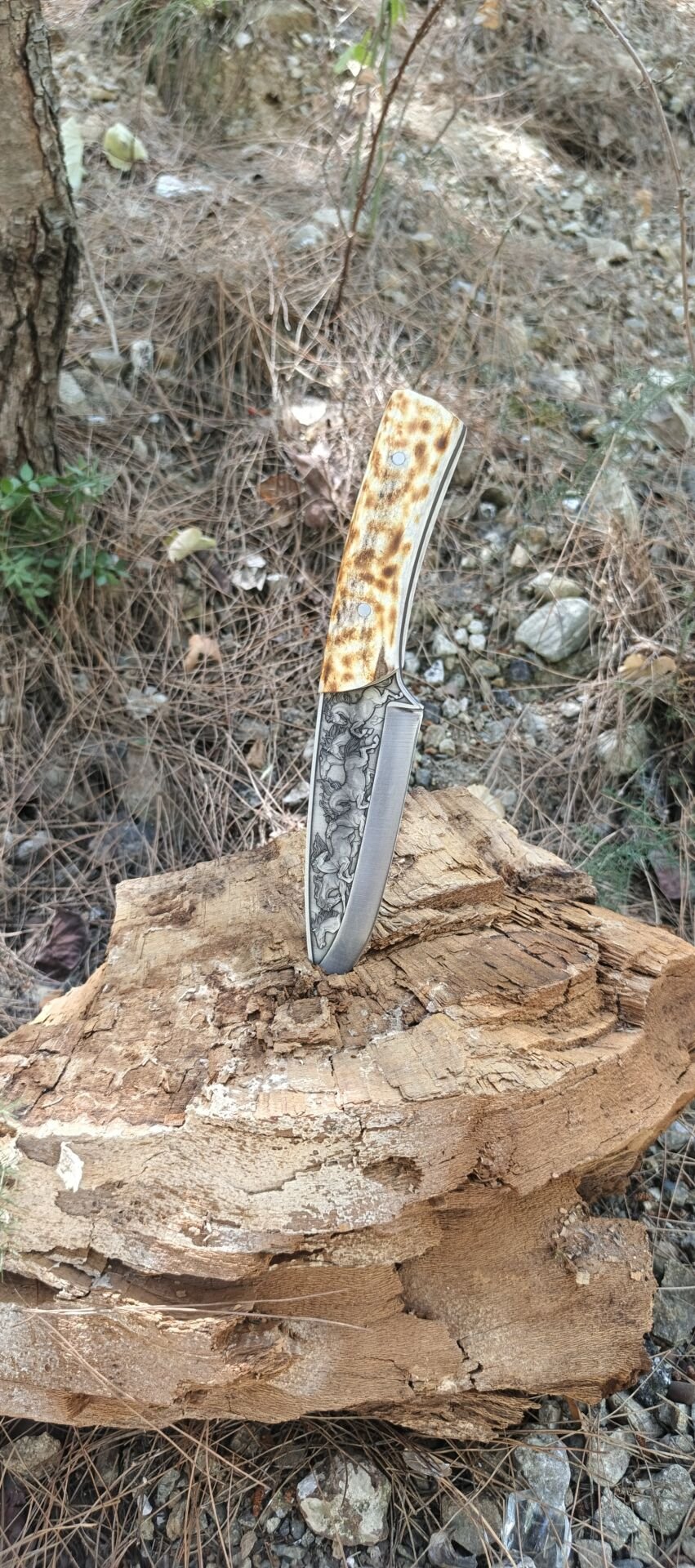 Geyik boynuzu kabza At gravur işlemeli güzel bir Avcı