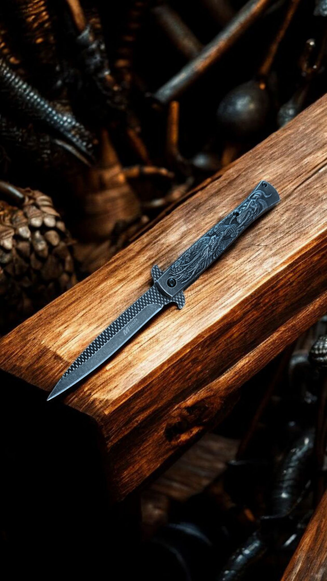 Ejder kabartma desenli yarı otomatik kemer klipsli celik kasa cakı