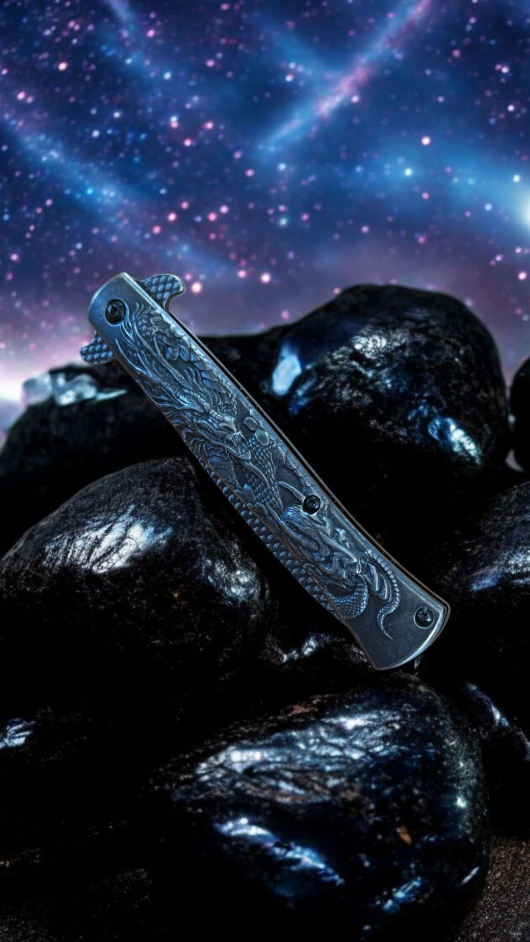 Ejder kabartma desenli yarı otomatik kemer klipsli celik kasa cakı